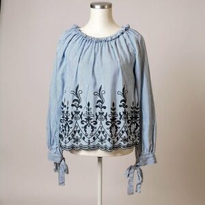 Zara Trafaluc Blue Striped Eyelet Embroidered Top Long Tie Balloon Sleeve Sz M